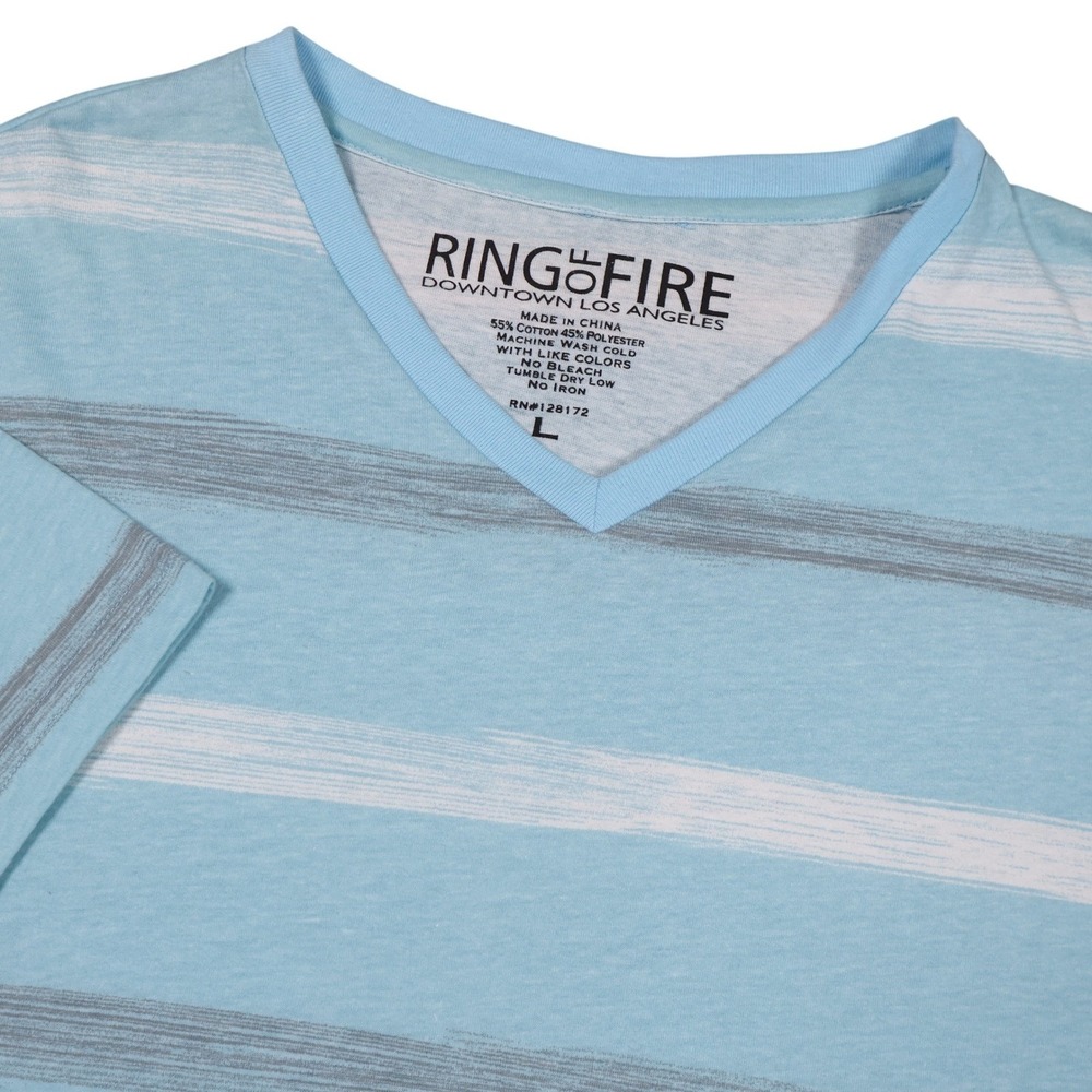Ring of Fire Striped T-Shirt V-Neck Short Sleeve Casual Mens Size L Minor‎ Flaw